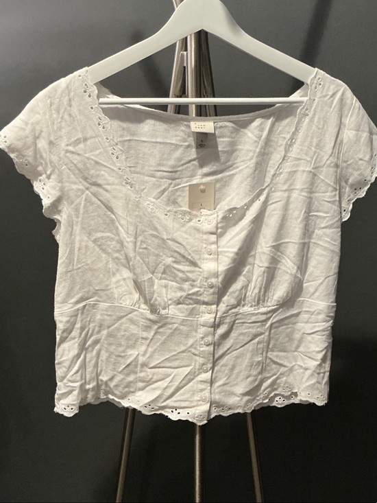 a new day Tops - Linen/Rayon White Eyelet-Trim Button Front Blouse